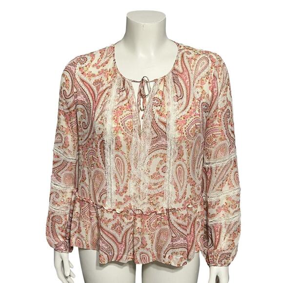 BCBG Sheer Peasant Boho Paisley Print Long Sleeve Blouse Sz-Large - Picture 1 of 8